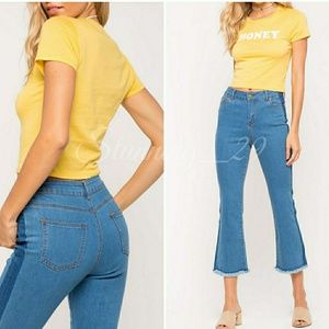 🆕 SEXY HIGH RISE 2 TONE  DENIM CROP FLARE JEANS